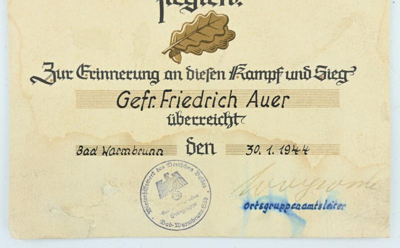 German WH Death Certificate 'Gefr. Friedrich Auer'