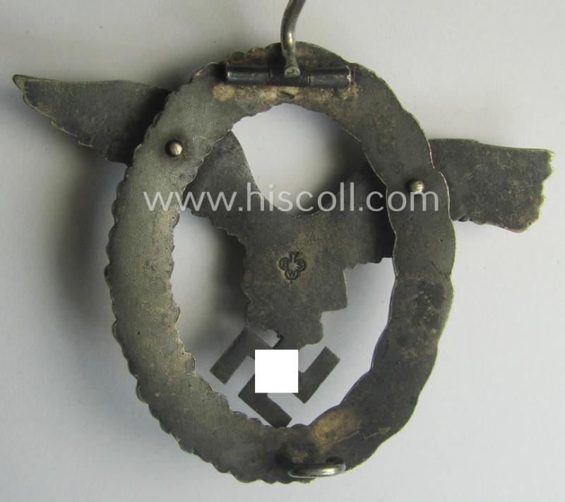 WH (Luftwaffe) 'Flugzeugführer-Abzeichen' (or: pilots'-badge) being a maker- (ie. 'BSW'-) marked- and typical 'Buntmetall'-based example as was produced by the maker (ie. 'Hersteller') named: 'Brüder Schneider' (ie. 'BSW')