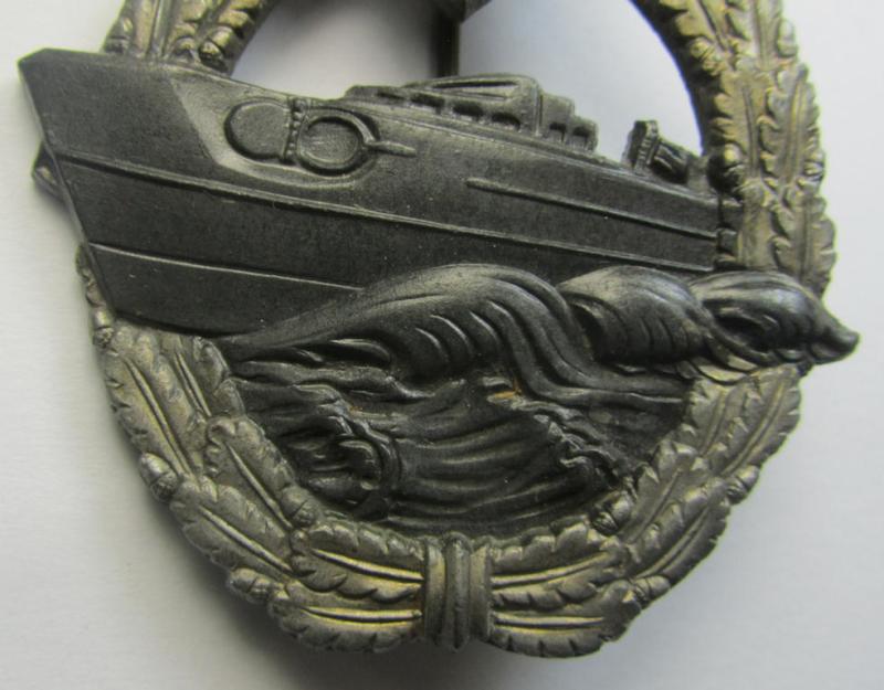 WH (Kriegsmarine) so-called: 'Kriegsabzeichen für Schnellboote - 2. Modell' (or: E-boat-war-badge of the 2nd model) being a maker- (ie. 'RS'-) marked example as was produced by the: 'Rudolf Souval'-company