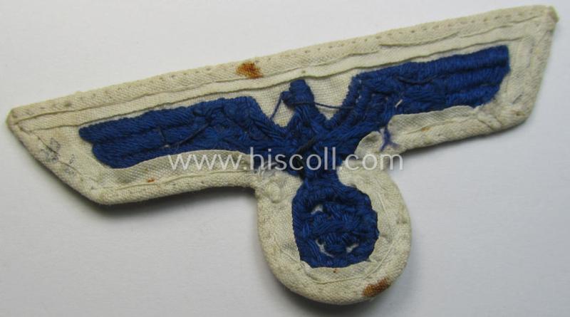 Neat, WH (KM) enlisted-mens'- (ie. NCO-) type, machine-embroidered breast-eagle as executed in darker-blue-coloured- and/or linnen-based material as was specifically intended for usage on the various white-coloured KM-tunics