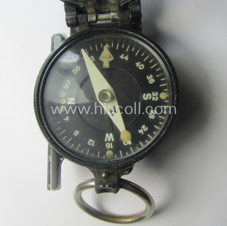 Pre-war-period, 'standard-issue'-pattern and/or (typical) black-coloured (and/or partly  aluminium-based) WH compass (ie. 'Marschkompass') which is nicely maker- (ie. 'Fargel & Rossmannith'-) marked and/or individually numbered: '19688'