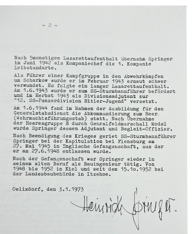 Signature of Waffen-SS KC Recipient 'Heinrich Springer'