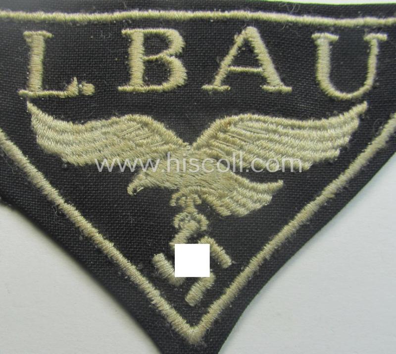 WH (Luftwaffe)-related- (EM- ie. NCO-pattern-) machine-embroidered breast-badge ie. eagle-device showing the text: 'L. Bau' as was (I deem) specifically intended for staff working within the WH 'Generalluftzeugmeister'- (ie. 'GL'-) organisation
