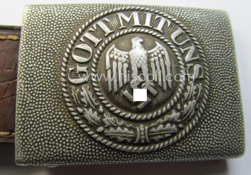 Attractive - albeit truly used! - WH (Heeres) 'standard-pattern', field-grey-toned- and aluminium-based belt-buckle being a non-maker-marked example that comes mounted onto its 'Gebr. Kugel & Fink'-marked and/or '1936'-dated tab