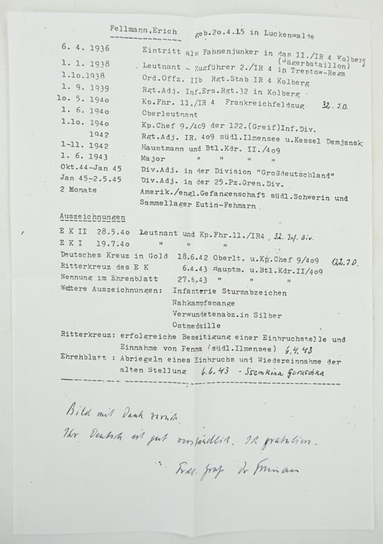 Signature of Wehrmacht Heer KC Recipient 'Erich Fellmann'