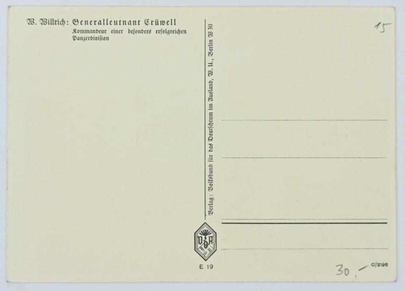 German "Willrich" Type postcard "Generalleutnant Ludwig Crüwell"