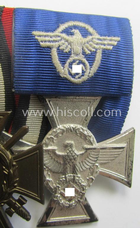 3-pieced 'WWI'- (ie. TR-/Polizei) related medal-bar (ie. 'Ordenspange') resp. depicting a WWI-period: 'EK II.Kl.', a: 'FKK 1914-18' and a: 'Polizei-D.A. 2. Stufe' (or: police loyal-service medal 2nd class)