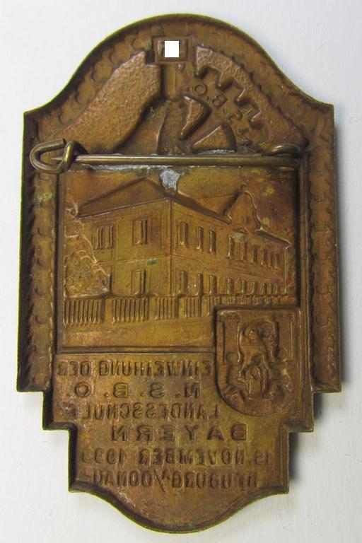 Unusually seen, commemorative DAF/NSBO- (ie. 'Deutsches Arbeitsfront') related day-badge (ie. 'tinnie') as issued to commemorate the: 'Einweihung der N.S.B.O. Landesschule Bayern - 19. November 1933 - Neuburg'
