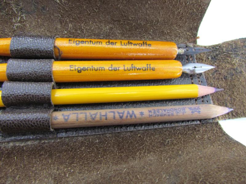 German leather case with luftwaffe ink pens + pencils