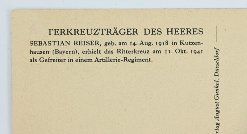 German Postcard Knight's Cross Recipient 'Sebastian Reiser'