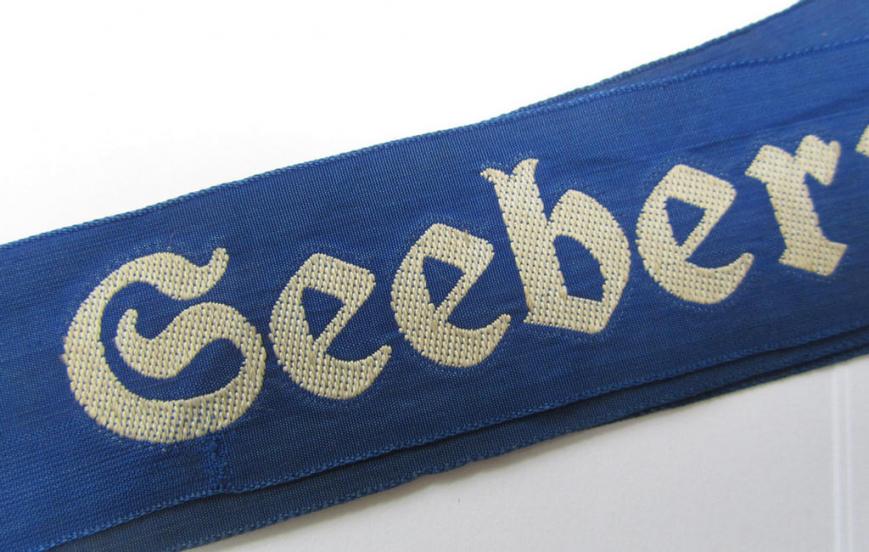 Superb - and with certainty very rarely encountered! - Marine-HJ (ie. 'Marine-Hitlerjugend') cap-tally (ie. 'Mützenband') entitled: 'Seeberufsfachschule' that comes in a very nice ie. moderately used- ie. worn, condition