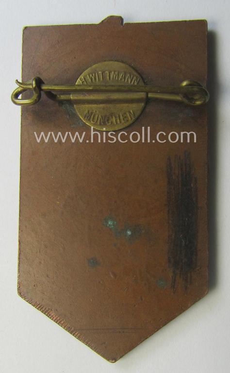 Luxuriously-styled - and actually scarcely encountered! - HJ (ie.'Hitlerjugend') related 'tinnie' (ie. 'Veranstaltungsabzeichen') being a clearly maker- (ie. 'H. Wittmann'-) marked example showing the text: 'Hitler-Jugend 1923-1933 München'