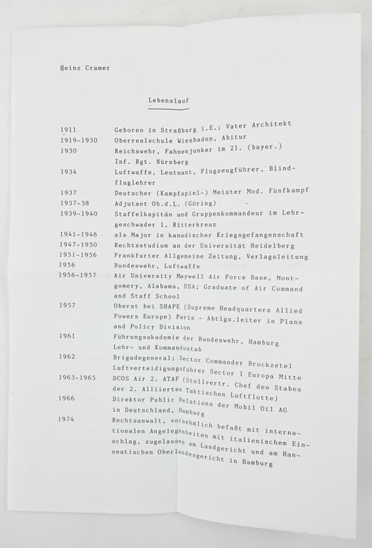 Signature of Luftwaffe KC Recipient 'Heinz Cramer'