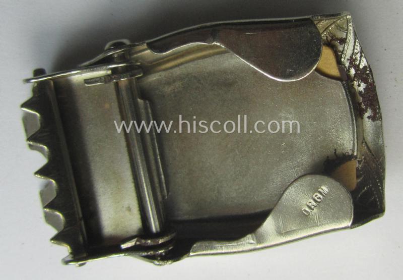 Attractive - and unusually seen! - smaller-sized, 'ornamented' and silver-toned (ie. chromed metal-based) patriotic belt-buckle (ie. 'N.S.D.A.P.'-supportive-piece) being a 'mint- ie. unissued' example that shows some (minimal) rust-staining