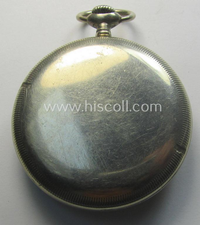 Functional - albeit non-numbered! - 'Deutsche Wehrmacht'- (ie. typical WWII-period!) pocket-watch (ie. 'Dienstuhr') of the make: 'Helvetia' having a black-coloured dial-plate