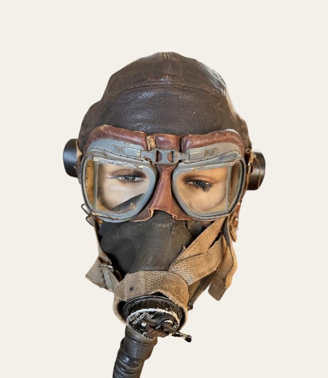 British WWII RAF Flight Cap, Goggles and Oxygen Mask