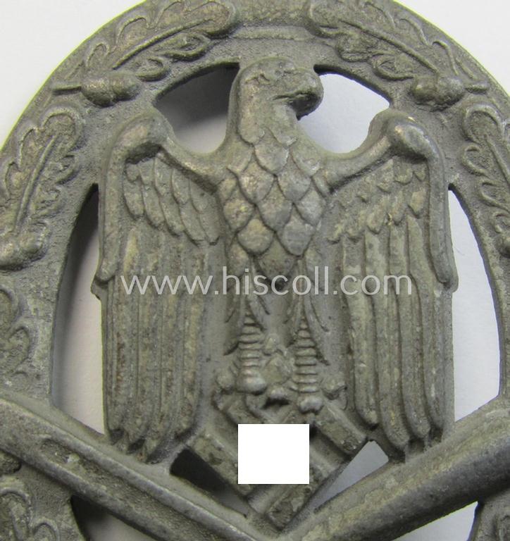 Attractive, 'Allgemeines Sturmabzeichen' (or: General Assault Badge ie. GAB) being a non-maker-marked, zinc- (ie. 'Feinzink'-) based: 'flat-back-variant' as was (presumably) produced by the maker (ie. 'Hersteller'): 'Funcke & Brünninghaus'