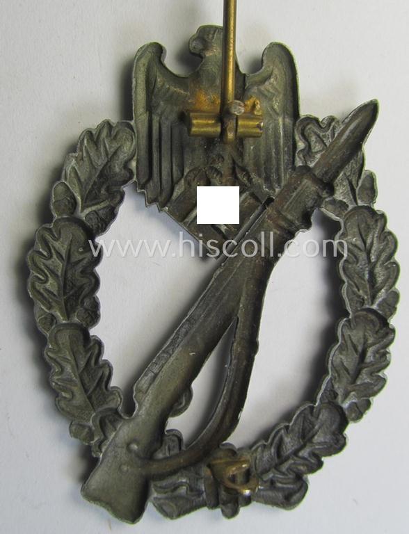 Attractive, 'Infanterie Sturmabzeichen in Silber' (or: silver-class infantry-assault-badge ie. IAB) being a non-maker-marked, 'Feinzink'-based so-called: 'hollow-back'-example as was produced by the: 'Otto Schickle'-company