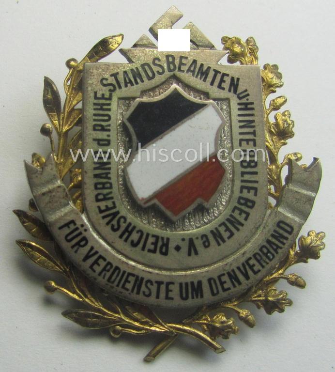 Genuine silver-based(!) honorary-badge (ie. 'Ehrenzeichen des Reichsverbandes d. Ruhestandsbeamten u. Hinterbliebenen e.V.') being a maker- (ie. 'H. Timm - Berlin'-) marked example that came stored in its period etui
