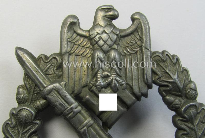 Attractive, 'Infanterie Sturmabzeichen in Silber' (or: silver-class infantry-assault-badge ie. IAB) being a non-maker-marked, 'Feinzink'-based so-called: 'hollow-back'-example as was produced by the: 'Otto Schickle'-company