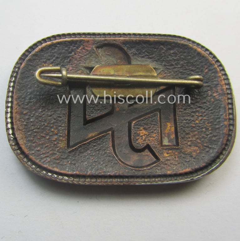 Attractive - and minimally worn! - N.S.V. (ie. 'Nationalsocialistische Volkswohlfahrt') membership-lapel-pin (ie. 'Dienstbrosche') as executed in bronze-toned 'Feinzink' as was specifically intended for: 'Staatlich geprüfte Kindergärtnerinnen'
