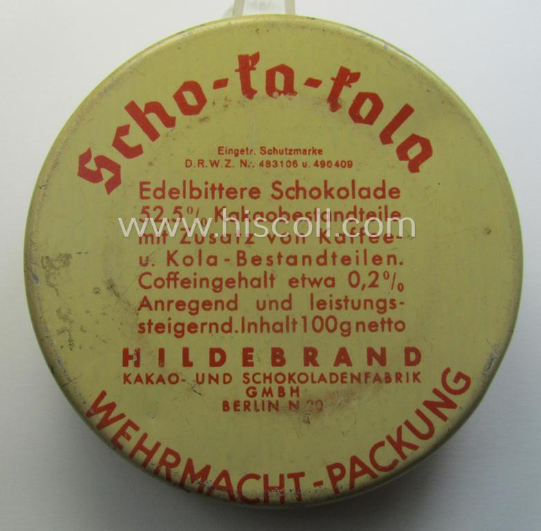 WH chocolate ration-tin of the make: 'Scho-ka-kola - Wehrmachts-Packung', dated: '1940' that comes in an overall nice, albeit clearly used- (ie. empty) condition