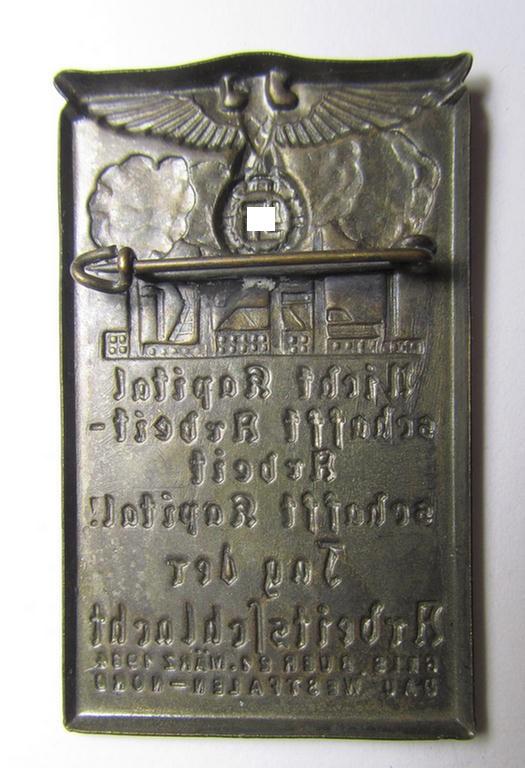 Commemorative- and/or copper-based-, 'DAF'- (ie. 'Deutsches Arbeitsfront'-) related 'tinnie', showing the text: 'Nicht Kapital schafft Arbeit - Arbeit schafft Kapital! - Tag der Arbeitsschlacht - 21 März 1934'