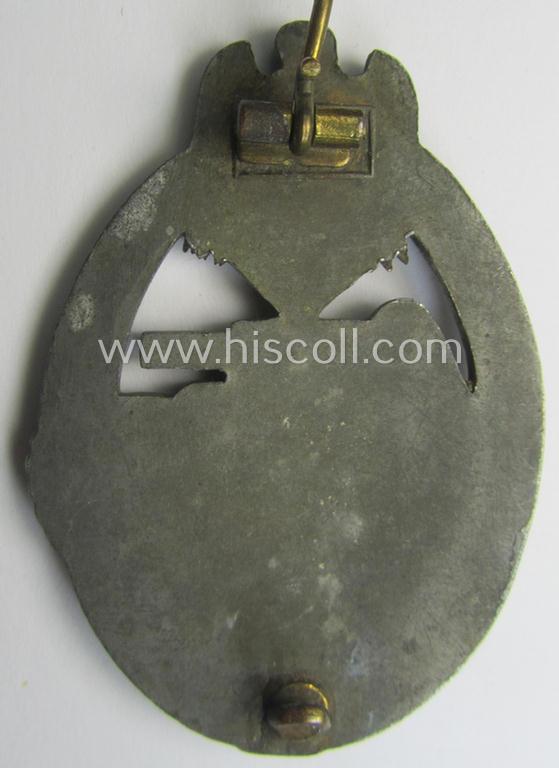 'Panzerkampfabzeichen in Silber' (or: silver-class panzer-assault badge or PAB) being a typical non-maker-marked- and/or zinc- (ie. 'Feinzink'-) based specimen of the 'scooped flatback'-pattern
