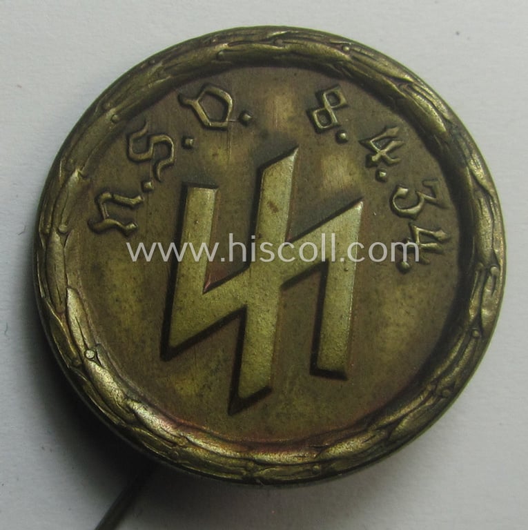 Attractive - and scarcely found! - so-called: N.S.V.- (ie. 'Nationalsocialistische Volkswohlfahrt'-) related, commemorative lapel-pin (ie. 'tinnie') showing a double 'S'-rune-sign and that is entitled: 'N.S.V. - 8-4-34'