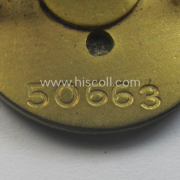 'Goldenes Ehrenzeichen der N.S.D.A.P.' (or: 'kleines Partei-Abzeichen für den Zivilanzug') being a smaller-sized- and (typical) non-maker-marked 'variant' showing the unique bearers'-number: '50663'