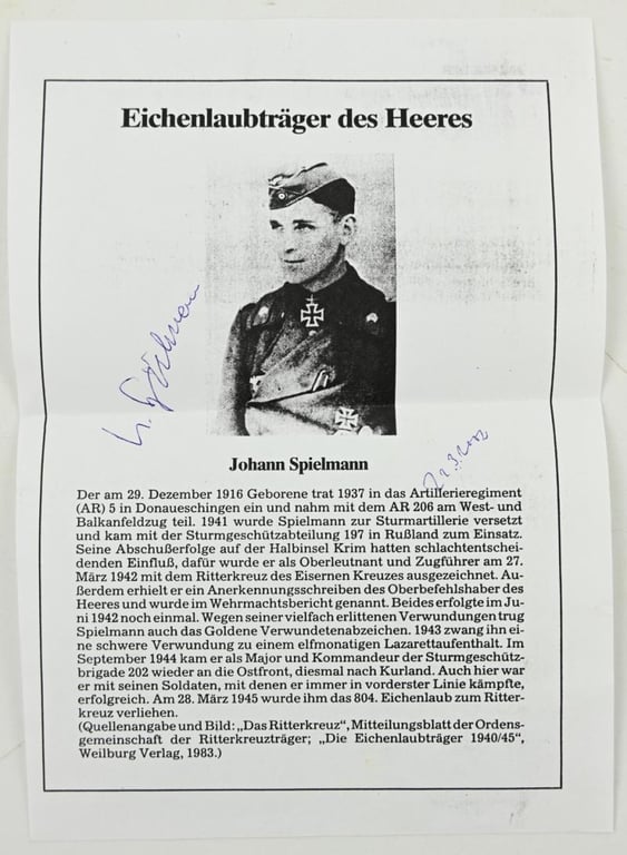 Signature of Wehrmacht Member 'Johann Spielmann'