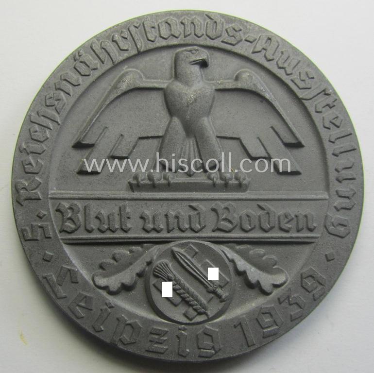 Greyish-silver-toned, 'Reichsnährstand'- (ie. 'RNSt.'-) related, commemorative-award-plaque entitled: 'Reichsnährstands-Austellung - Blut und Boden - Leipzig 1939 - erhitzte Milch' and that comes stored in its period etui