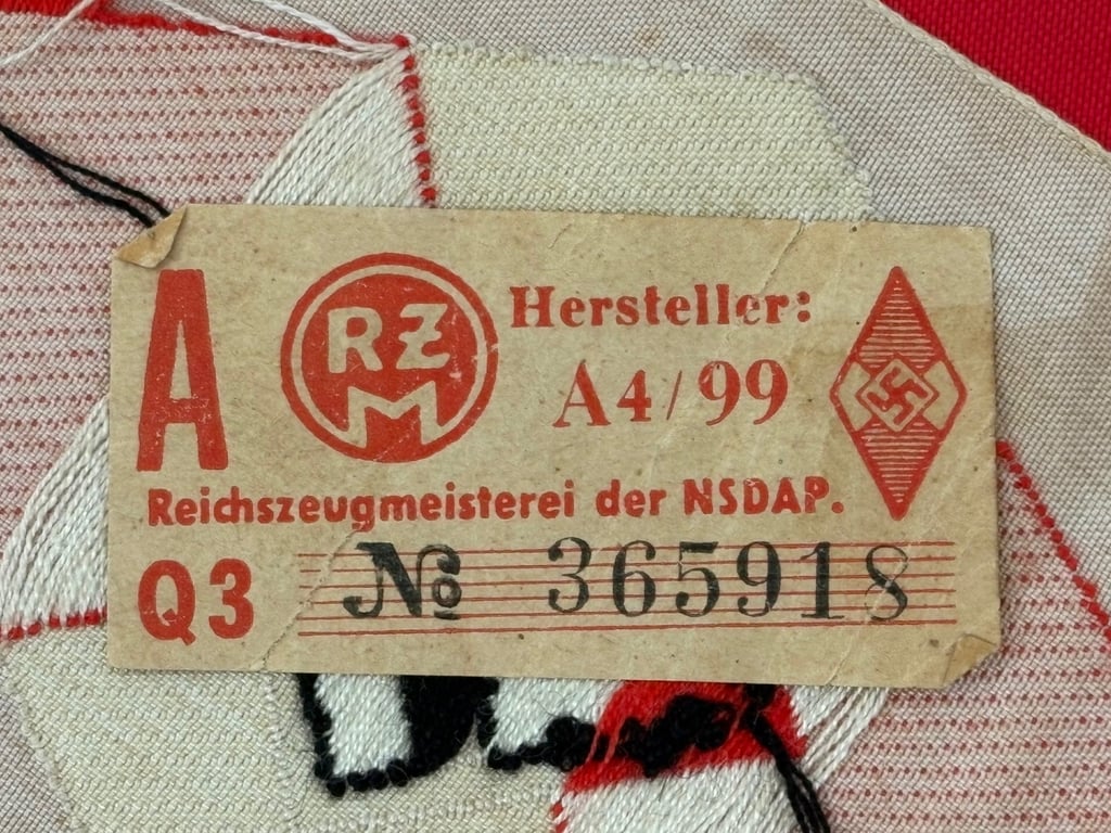 SUPERB WW2 GERMAN HITLER YOUTH LARGE CLOTH BADGE WITH RZM PAPER TAG