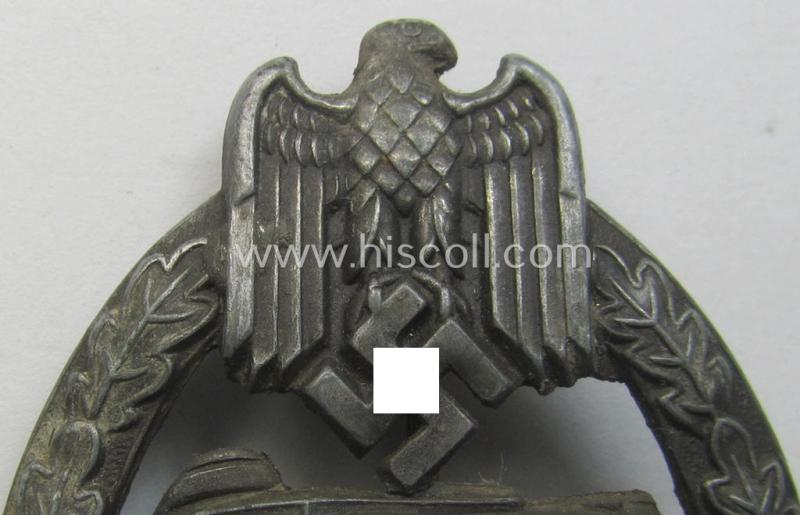 'Panzerkampfabzeichen in Bronze' (or: hollow-back, bronze-class panzer assault badge or PAB) being a neat zinc- (ie. 'Feinzink'-) version (of the so-called: 'first'-pattern) as was procuced by the: 'Paul Meybauer'-company