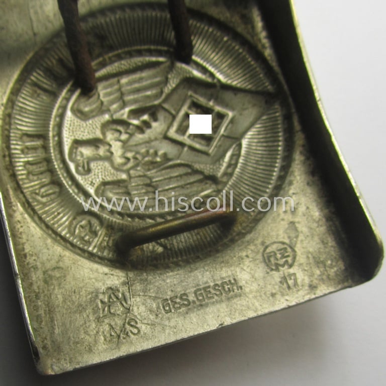 HJ (ie. 'Hitlerjugend') nickle-chrome-based belt-buckle being a neatly (double!) maker (ie. 'RzM 17' and/or 'A' ie. 'Assmann & Söhne') marked specimen