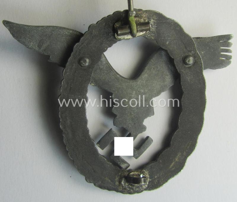 Later-war-period WH (Luftwaffe) 'Flugzeugführer-Abzeichen' (or: pilots'-badge) being a typical zinc- (ie. 'Feinzink'-) based and/or non-maker-marked example by the: 'Friedrich Linden'- (ie. 'FLL'-) company