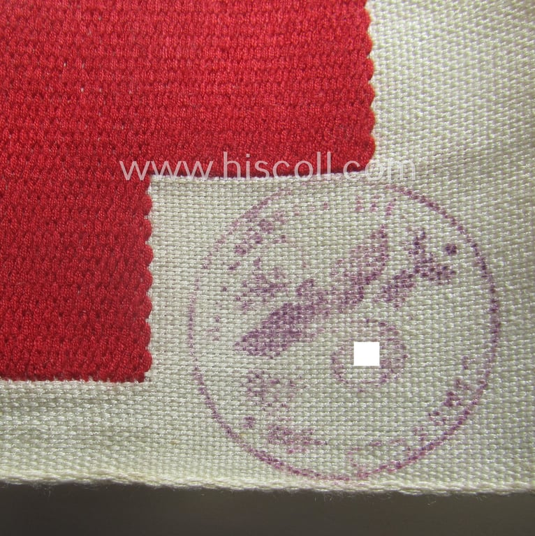 WH (Heeres) related, linnen-based- and/or neatly 'machine-embroidered', beige-white-coloured DRK- (ie. 'Deutsches Rotes Kreuz'-) armband (ie. 'Armbinde') as was intended for the staff-members serving as medical orderly
