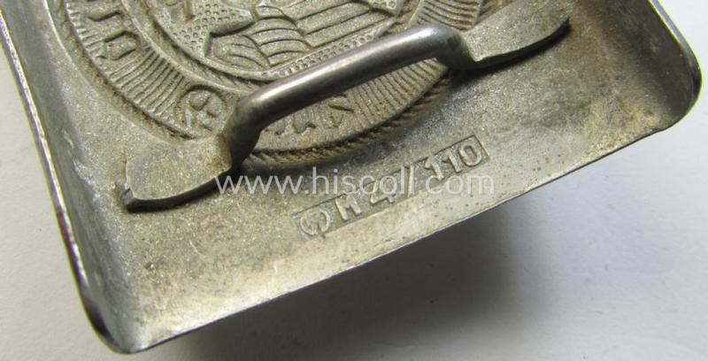 Attractive, HJ (ie. 'Hitlerjugend') silver-coloured- (ie. typically steel-based and 'off-factory'-polished) belt-buckle being a neatly maker- (ie. 'RzM M4/110'-) marked example that comes in a just moderately used- ie. worn condition, as found
