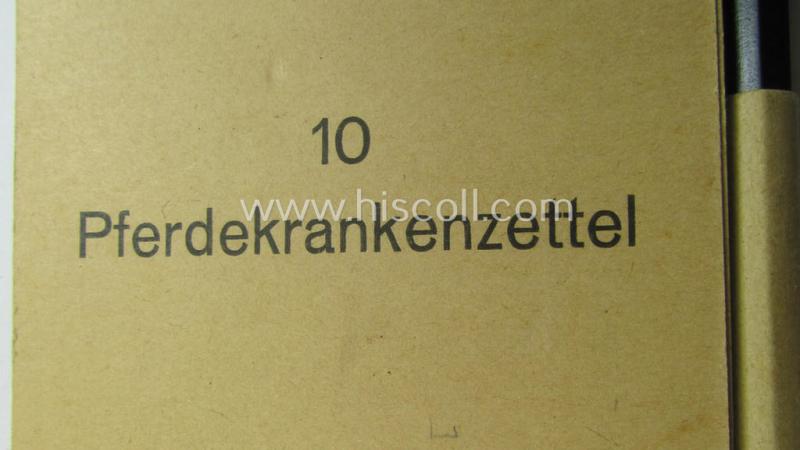 Interesting - and rarely encountered! - fully complete, WH (Heeres, Luftwaffe etc.) related medical wound-card-booklet (ie. 'Wundzettelbuch') entitled: '10 Pferdekrankenzettel' (as being specifically intended for usage by: 'Veterinaire'
