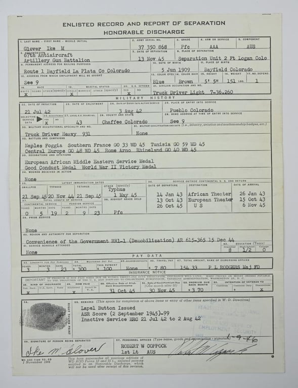 US WW2 HD papers Ike M Glover '67th AAA Gun Battalion'