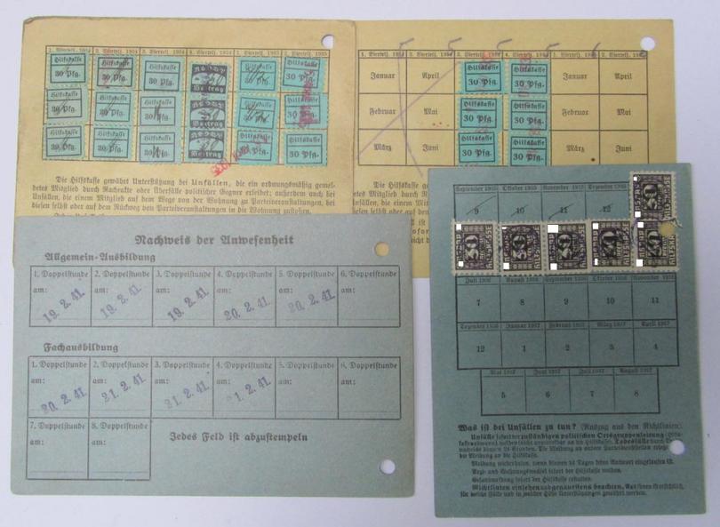 Small-sized- ie. 4-pieced-, N.S.D.A.P.- (ie. RLB- and/or SA-) related ID-document-grouping, all in fully filled-in- and/or ink-stamped condition, as issued for the 'SA-Mann', named: Hermann Dreesen 