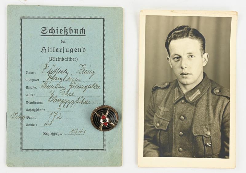 German Hitler Youth Shooting Badge with Portrait Picture and Shooting Booklet.