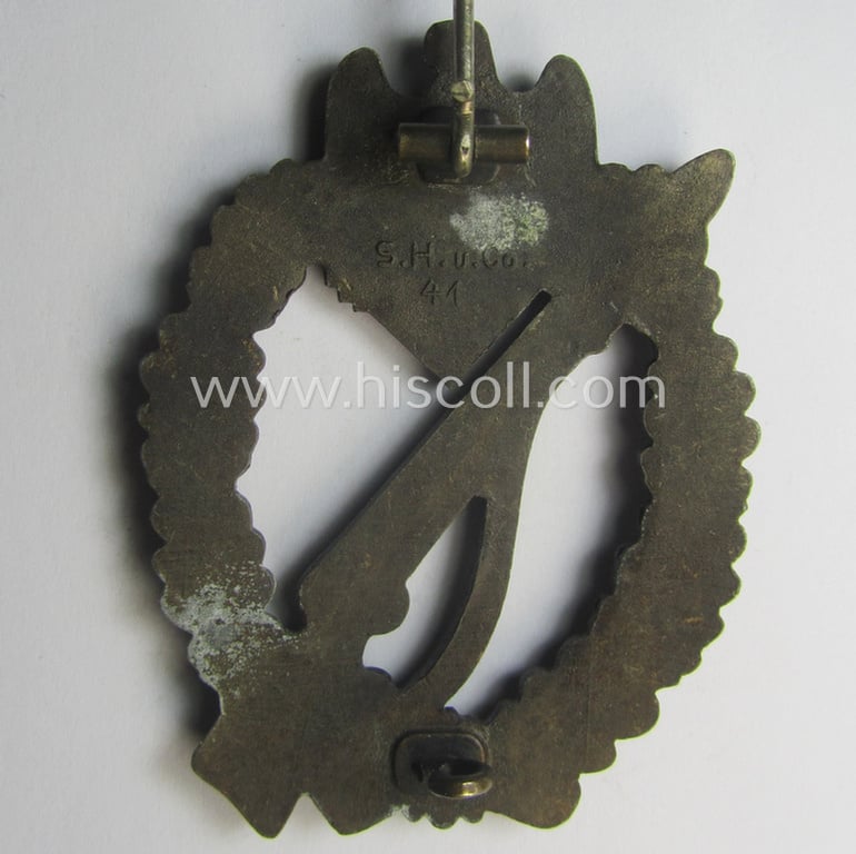 Superb - and very detailed! - 'Infanterie Sturmabzeichen in Bronze' (or: bronze-class infantry assault-badge ie. IAB) being a maker- (ie. 'S.H.u.C.o. 41'-) marked example as executed in bronze-toned, zinc-based metal (ie. 'Feinzink')