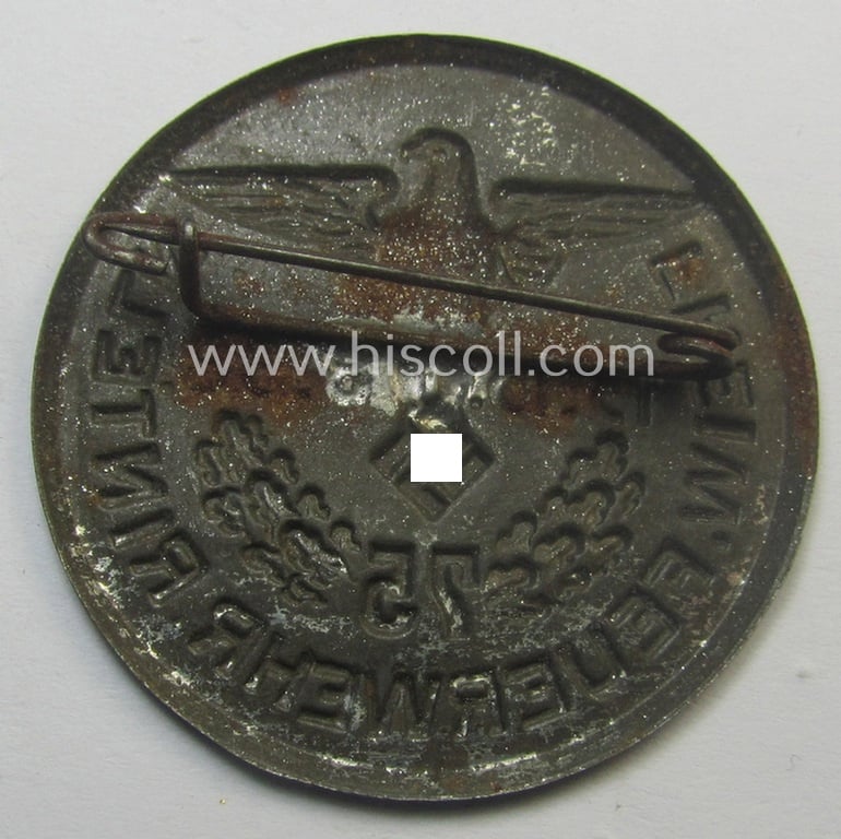 Commemorative, hollow-back- and/or silverish-grey-toned, so-called: 'Feuerwehr'-related day-badge (ie. 'tinnie') as executed in zinc-based-metal that is showing the text: '75 Freiw. Feuerwehr Rinteln - 13.-15-8-38'