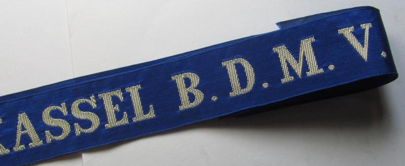 Superb - and with certainty very rarely encountered! - Marine-HJ (ie. 'Marine-Hitlerjugend') cap-tally (ie. 'Mützenband') entitled: 'M.J.A. Kassel B.D.M.V.' (being a full-length example that comes in an overall nice condition)