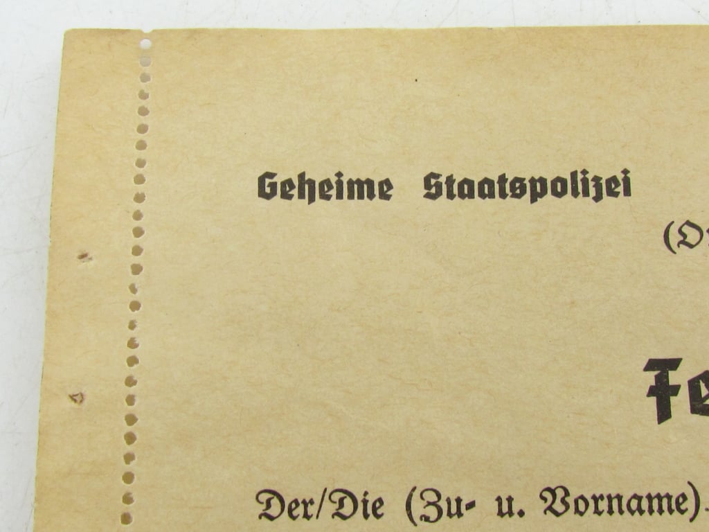 Blank Gestapo Arrest Report Form (Festnahme)