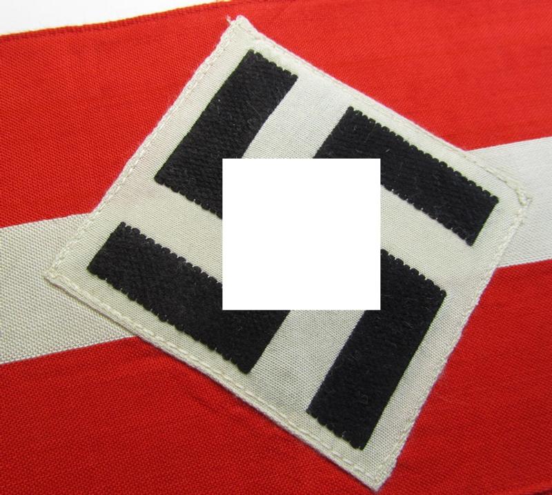 Attractive - and scarcely found! - 'standard'- (ie. entirely woven) pattern, bright-red-coloured HJ- (ie. 'Hitlerjugend'-) related armband (ie. 'Armbinde') being a hardly worn- nor used example that regrettably misses its 'RzM'-etiket