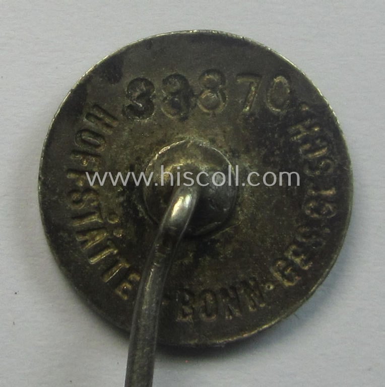 SS (ie. 'Allgemeine SS') civil-attire badge (ie. 'Zivilabzeichen der SS') being a detailed example that shows a clearly-present makers'-designation and unique serial-number ('38870')