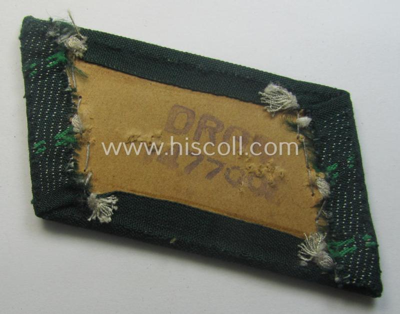 Minimally used pair of WH (Heeres) (later-war-pattern) officers'-type collar-tabs (ie. 'Kragenspiegel für Offiziere') as executed in 'BeVo'-weave pattern as was intended for an officer serving within the: 'Jäger- o. Gebirgsjäger-Trpn.'