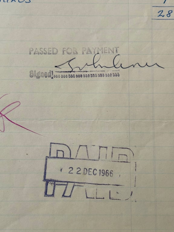 VERY RARE JOHN LENNON (BEATLES) HAND SIGNED RECEIPT DECEMBER 1st  1966.